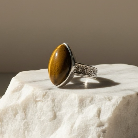 None Jewelry - Gilded Horizon Studio Series Tiger Eye Adjustable Ring Gift Boxed